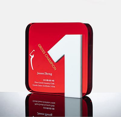 Red square crystal award with number on front-1